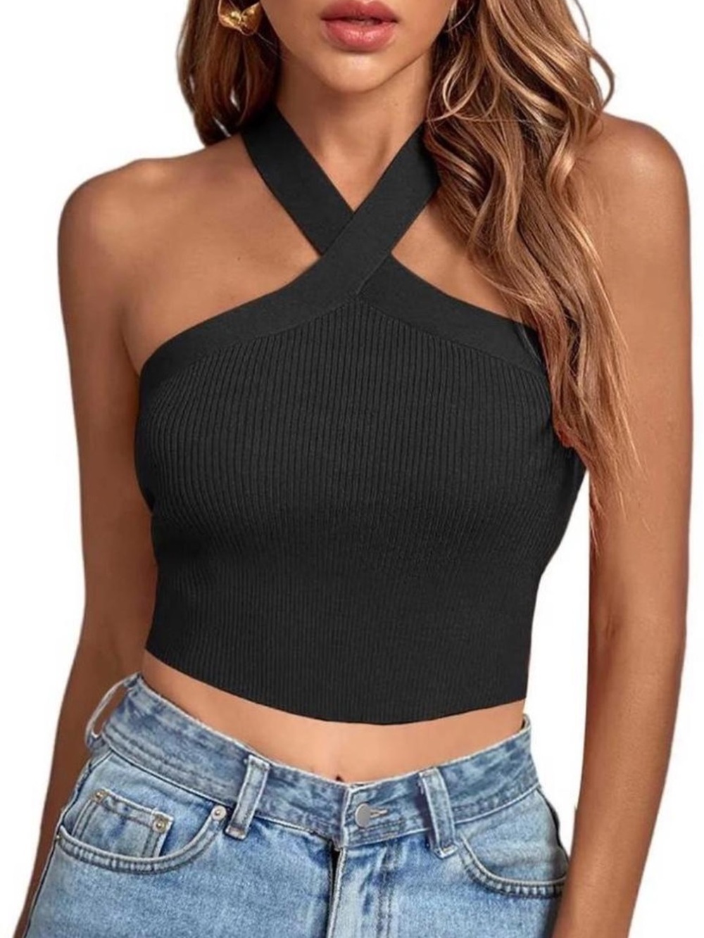 Babaton Black Crisscross Ribbed Halter Crop Top XS